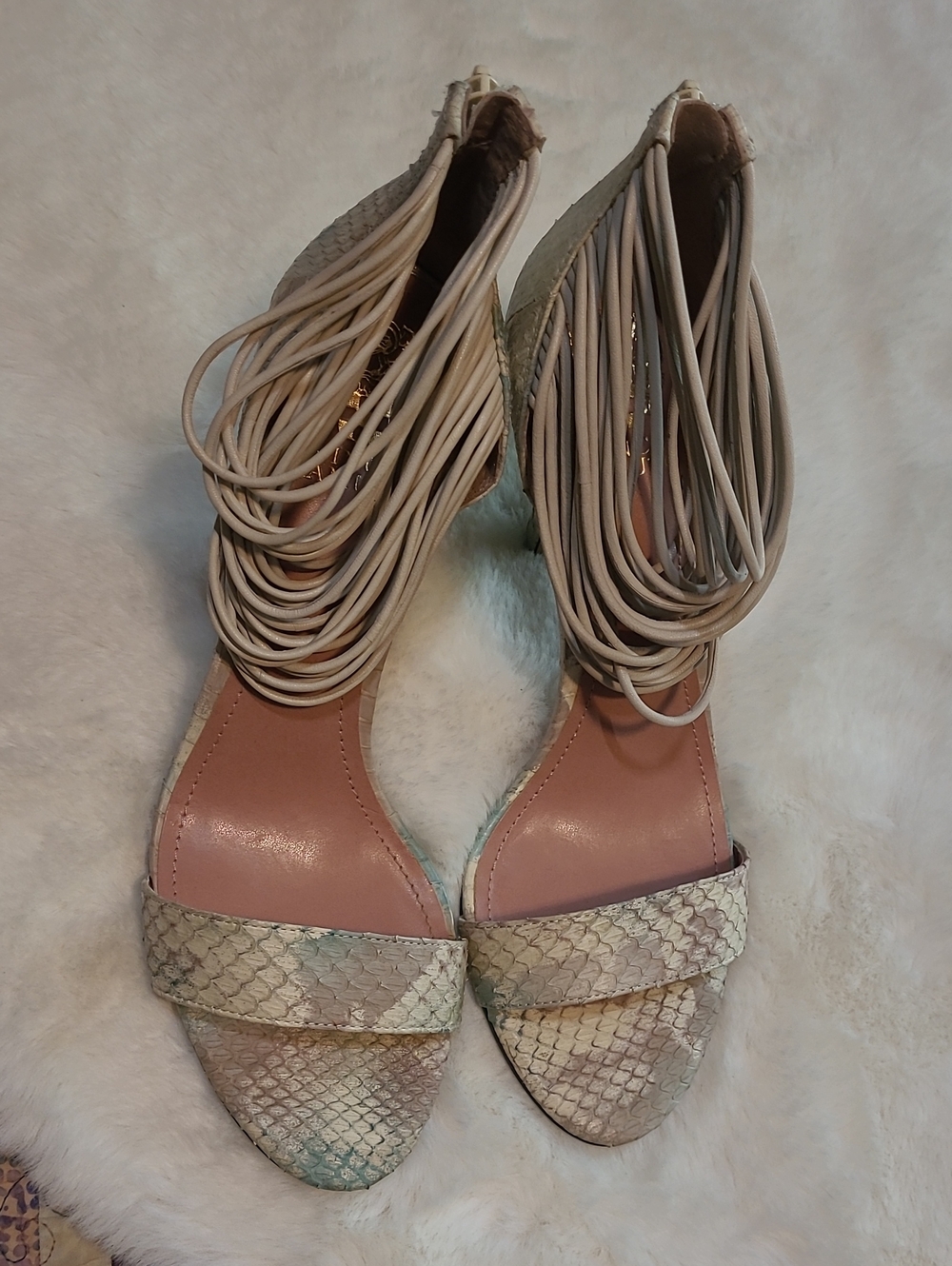 Vince Camuto Wesley Watercolor Swirls Strappy Snakeskin Embossed Heels - Picture 3 of 11